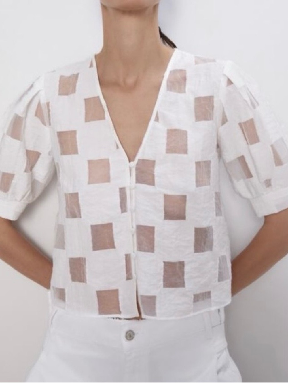 Zara White Sheer Check V-Neck Short Sleeve Blouse